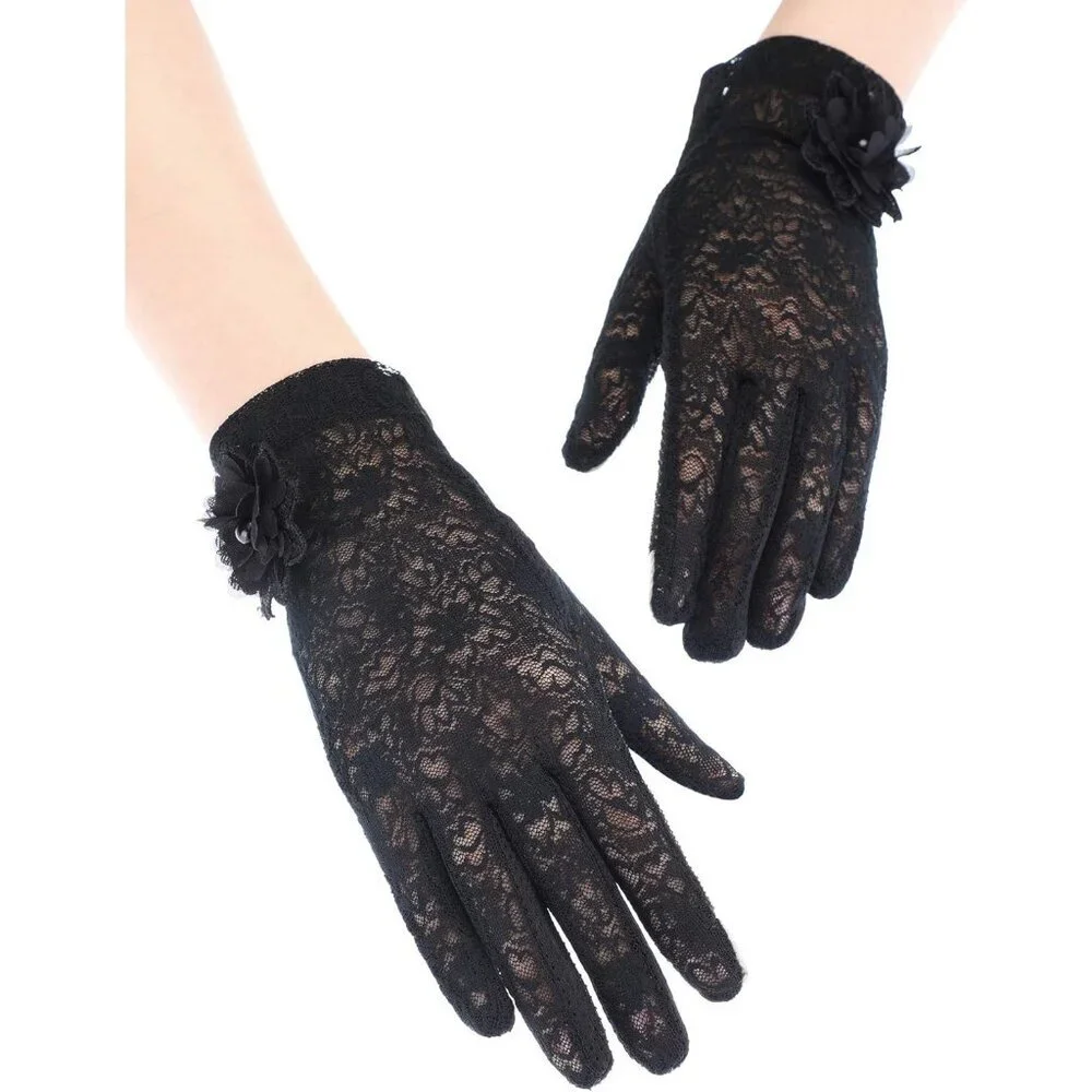 Women's Black Fingerless Floral Short Lace Gloves Party Tea Halloween Wedding